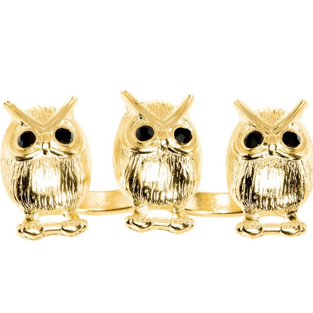 Gold Toned Owl Trio Double Finger Ring Size 7-8